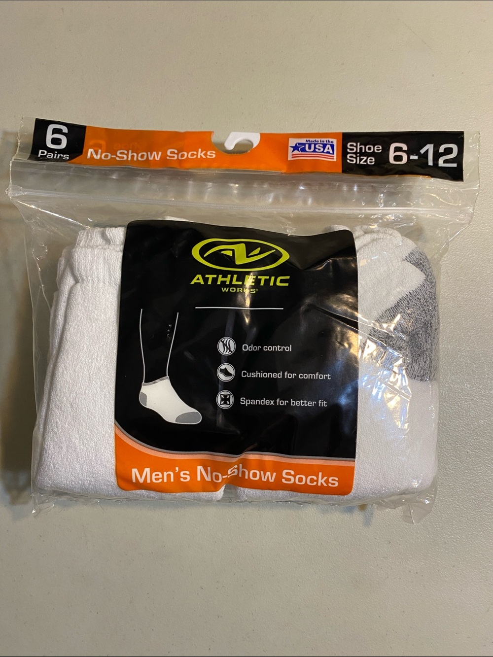 Athletic Works Men’s White No-Show Socks with Gray Accents - 6 Pack
